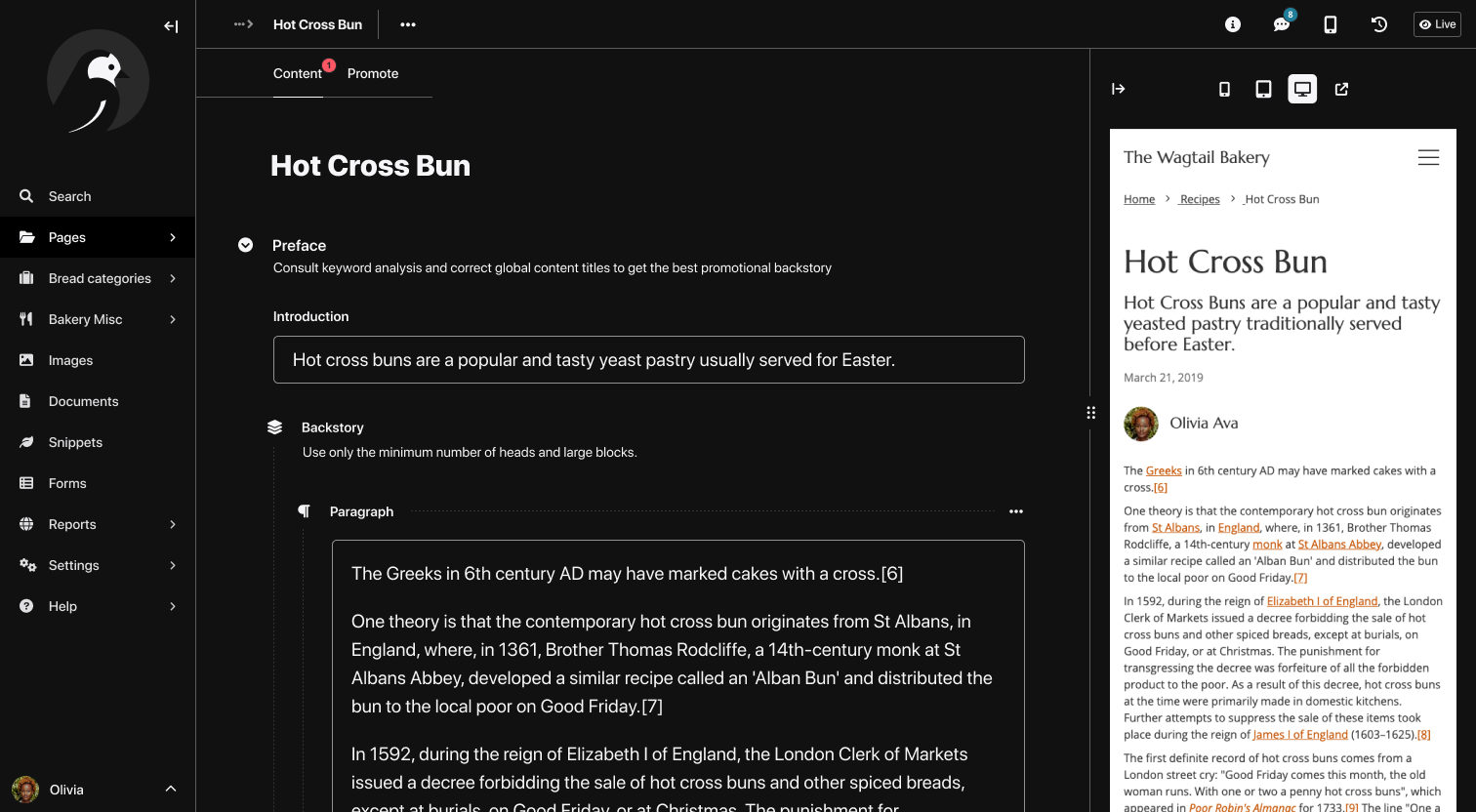 Wagtail dark theme prototype, in high contrast mode