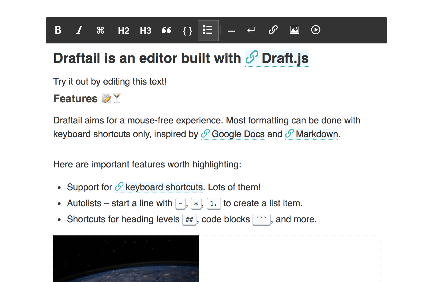 Screenshot of Draftail, with the toolbar, and some example content
