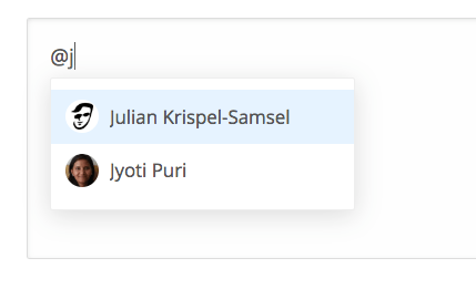 Screenshot of a mention UI in Draft.js, where the text @j triggers an autocomplete UI