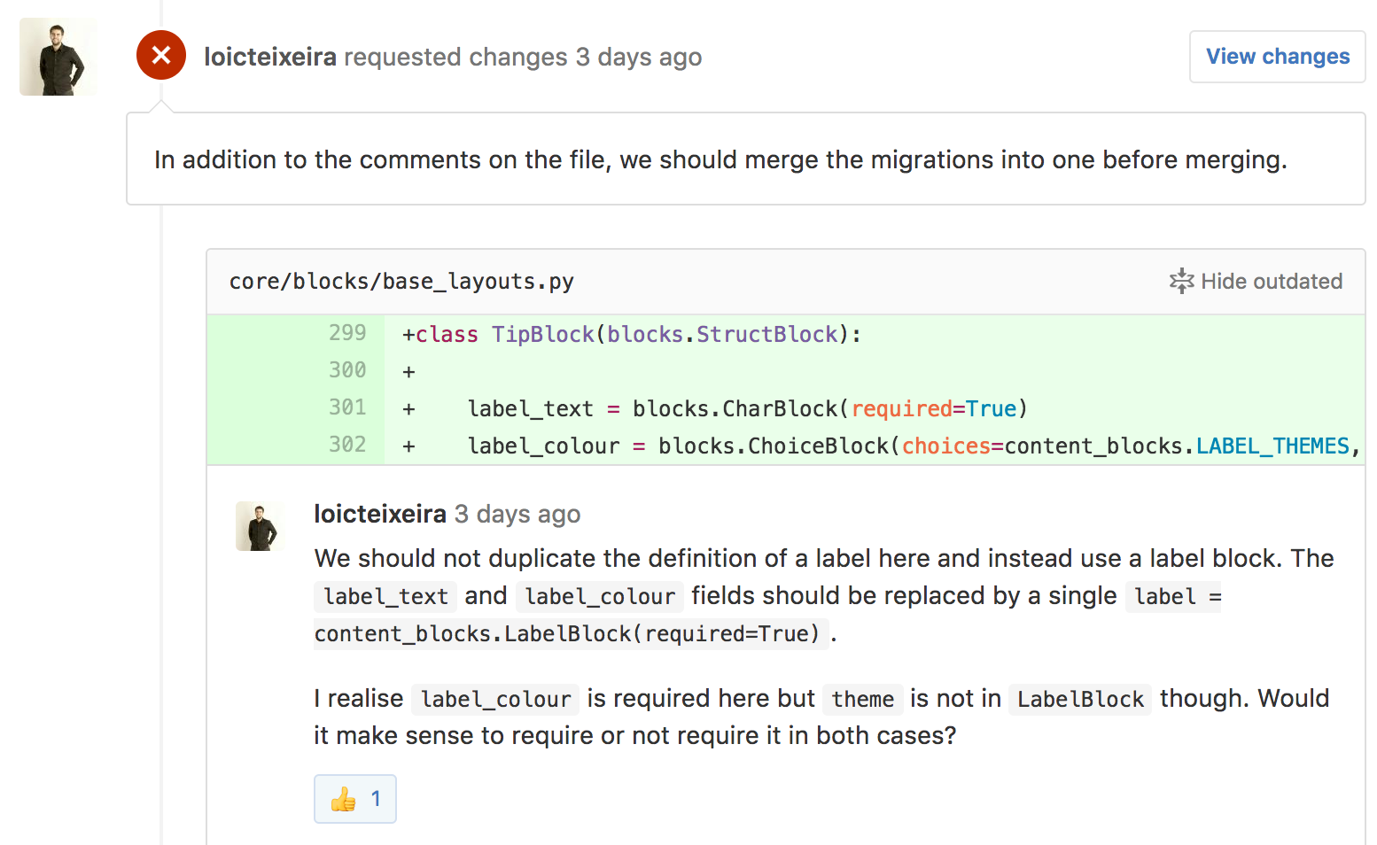 Screenshot of a GitHub code review from @loicteixeira, with an insightful review comment