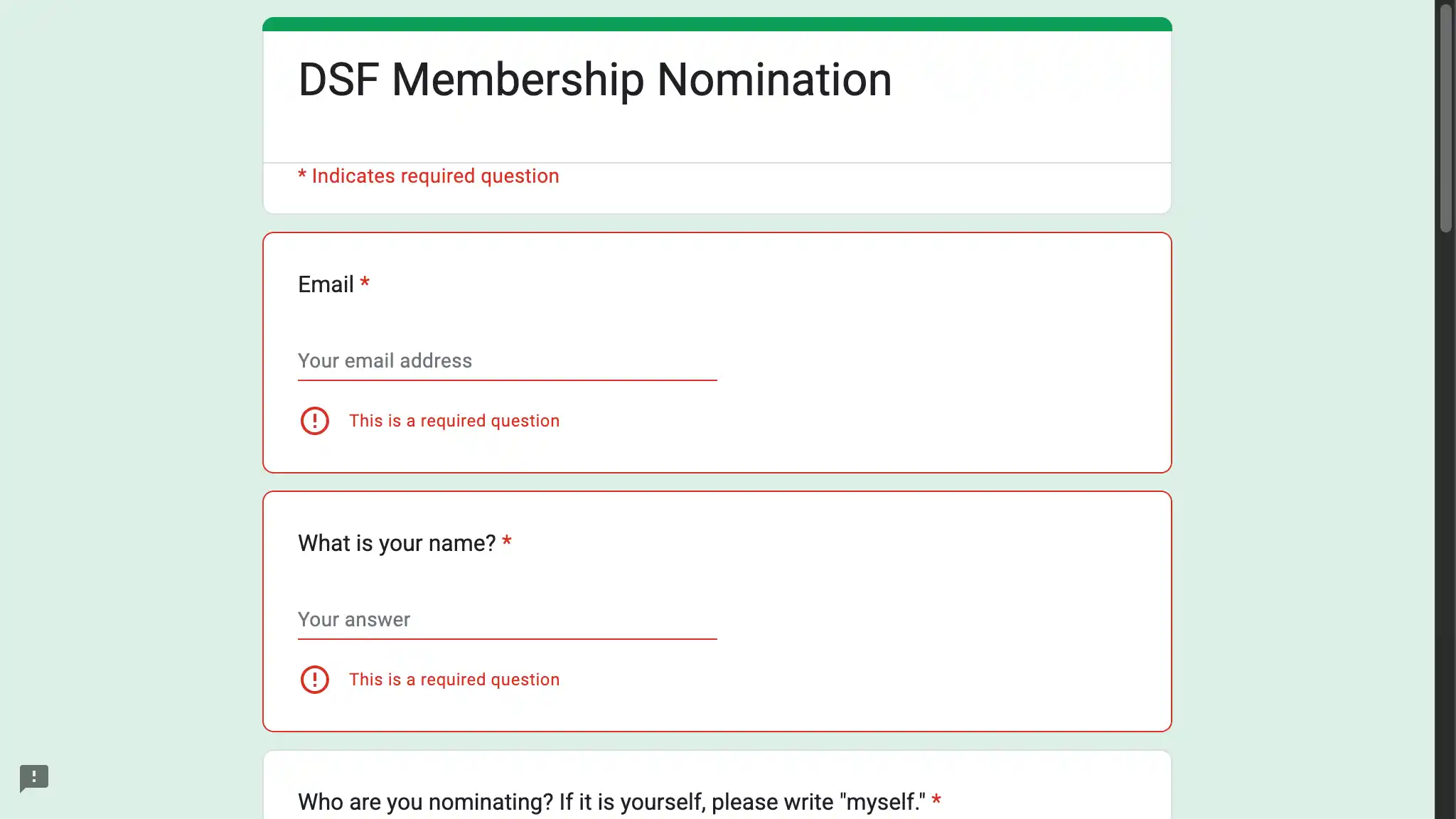 Screenshot of the DSF membership nomination form, with a number of fields, including email and Your name