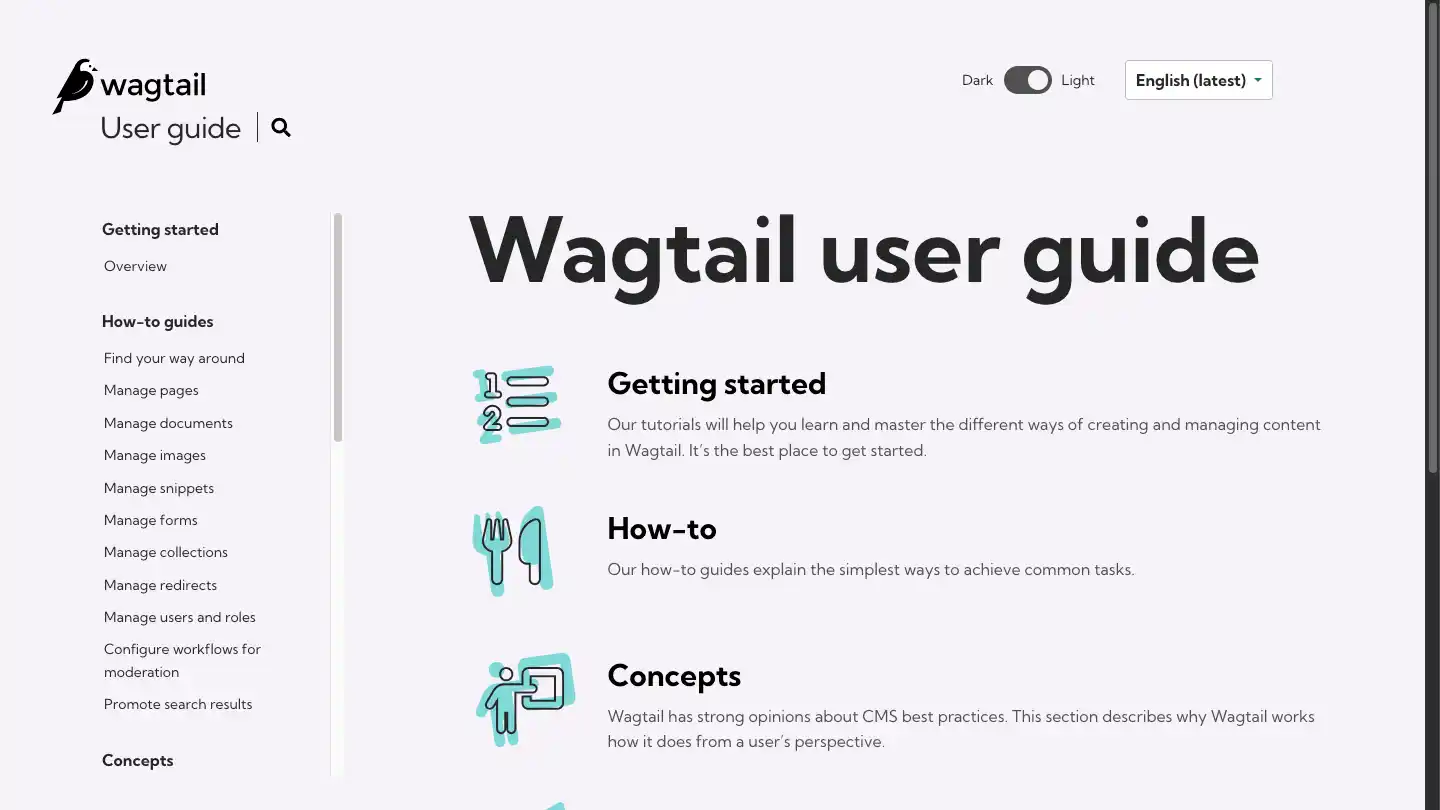 Screenshot of the Wagtail user guide website homepage. Features a navigation sidebar to the left, and page content listing sections to the right: getting started, how-to, concepts