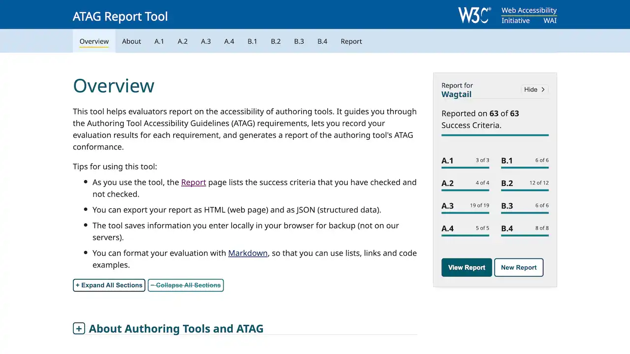 Screenshot of the WAI ATAG Report Tool interface, Overview page, with existing report under way in sidebar