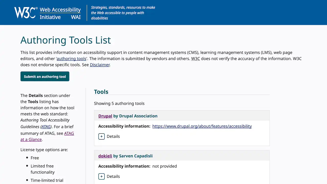 Screenshot of the WAI Authoring Tools list